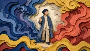 Paper-cut collage of a calm person raising a hand to pause amid swirling waves of color