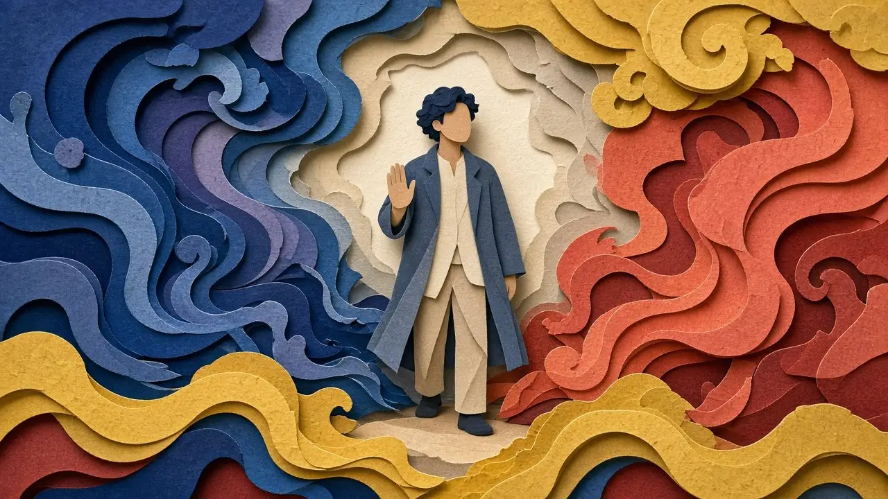 Paper-cut collage of a calm person raising a hand to pause amid swirling waves of color