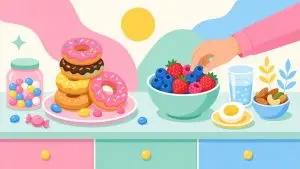 Flat illustration of a hand reaching for berries instead of donuts and candy on a kitchen counter