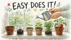 Watercolor of seedlings in pots on a sunny windowsill growing in stages to a ripe tomato, with hands watering them under the words Easy Does It!