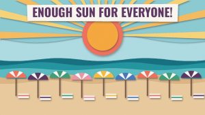 Paper-cut collage of a big orange sun with rays over a turquoise sea and a row of colorful beach umbrellas and towels on the sand, with the headline Enough Sun for Everyone!