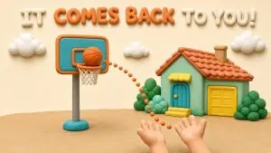 Clay illustration of a basketball rebounding off a driveway backboard toward open hands, with the headline It Comes Back to You!