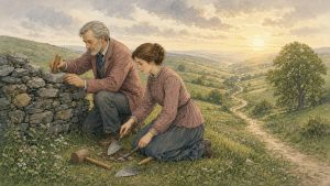 Storybook painting of a father and daughter rebuilding a fallen stone wall with worn old tools at sunrise