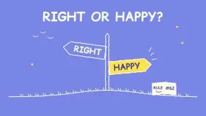 Line-art signpost on a grassy hill with a RIGHT arrow pointing one way and a yellow HAPPY arrow pointing the other, a small Rule #62 card, and the headline RIGHT OR HAPPY? on periwinkle blue