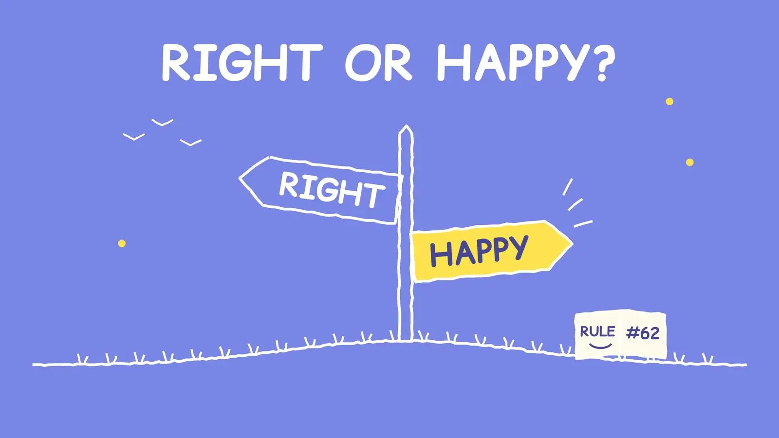 Line-art signpost on a grassy hill with a RIGHT arrow pointing one way and a yellow HAPPY arrow pointing the other, a small Rule #62 card, and the headline RIGHT OR HAPPY? on periwinkle blue