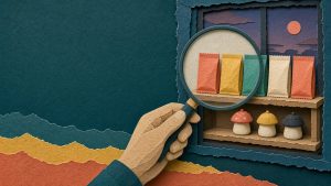 Cut-paper collage of a hand holding a magnifying glass up to a shop shelf of blank, colorful gummy packages and mushroom-shaped jars