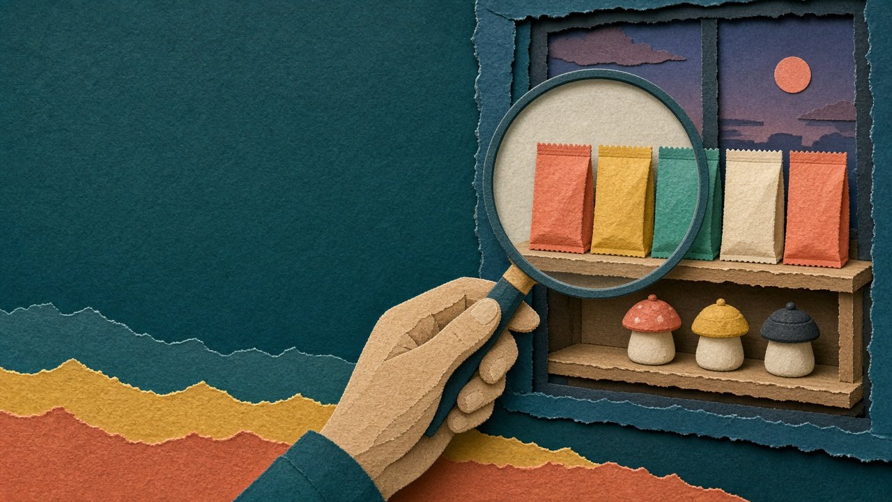 Cut-paper collage of a hand holding a magnifying glass up to a shop shelf of blank, colorful gummy packages and mushroom-shaped jars
