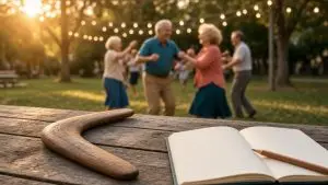 Wooden boomerang and an open notebook on a picnic table while friends dance under string lights at golden hour